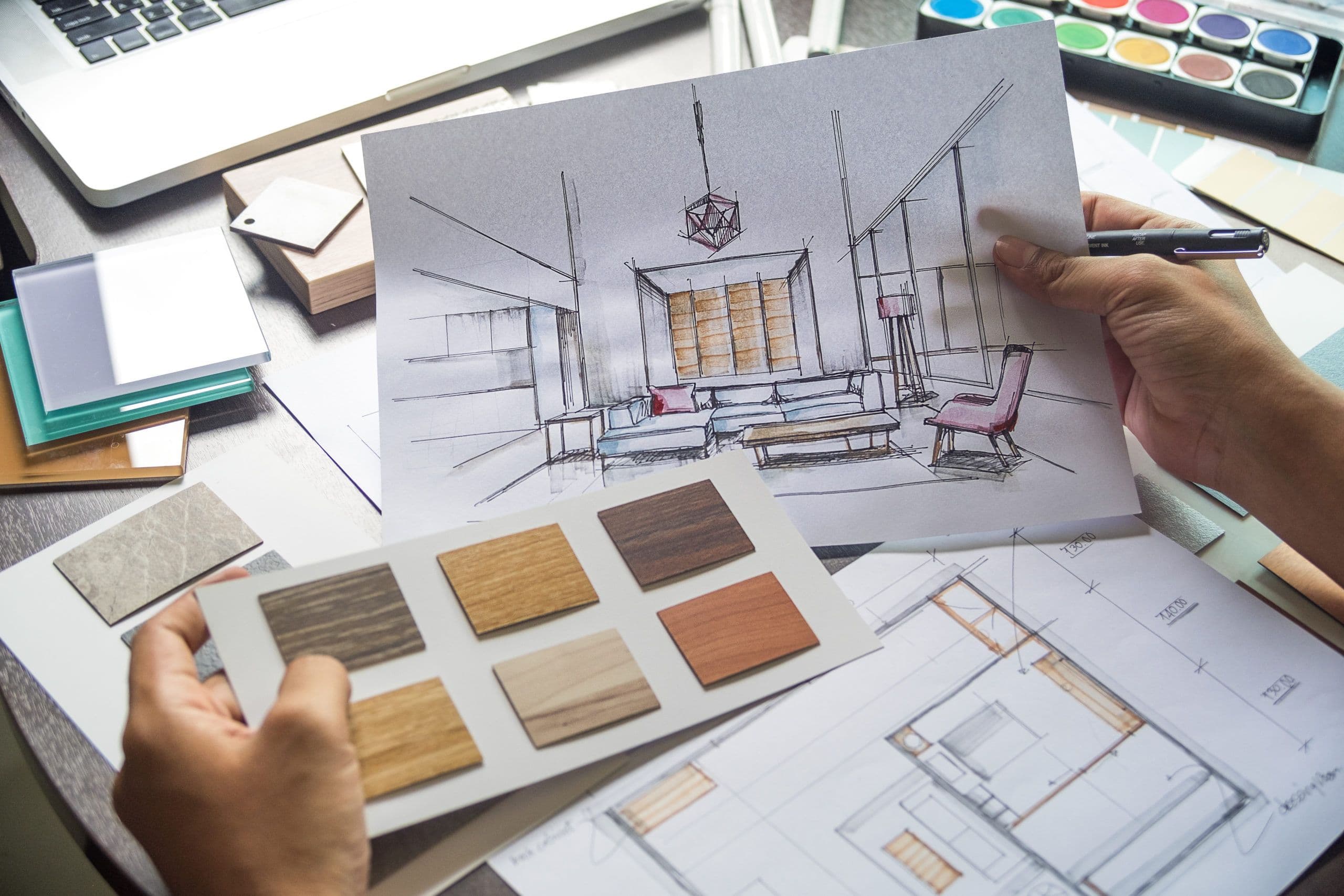 Interior design mood board with material samples and finishes
